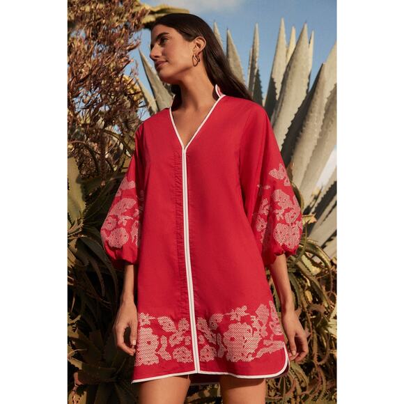 HYACINTH HOUSE Red & White Embroidery Mini Arem Caftan Size XS NWT - Picture 6 of 7